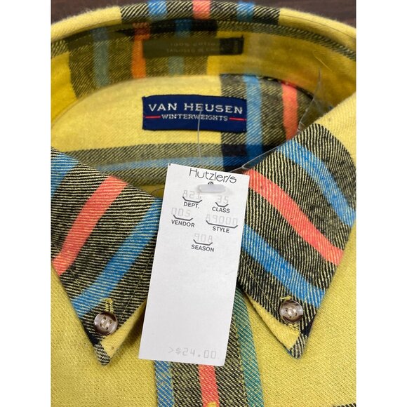 Vtg 90s Van Heusen Yellow Plaid Button-Down Long Sleeve Shirt Winterweights Sz M - Picture 5 of 6